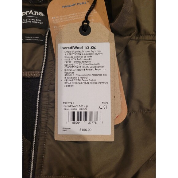 NWT Prana IncrediWool 1/2 Zip Sweater Pullover Men's XL Slate Green Heather - Picture 8 of 9